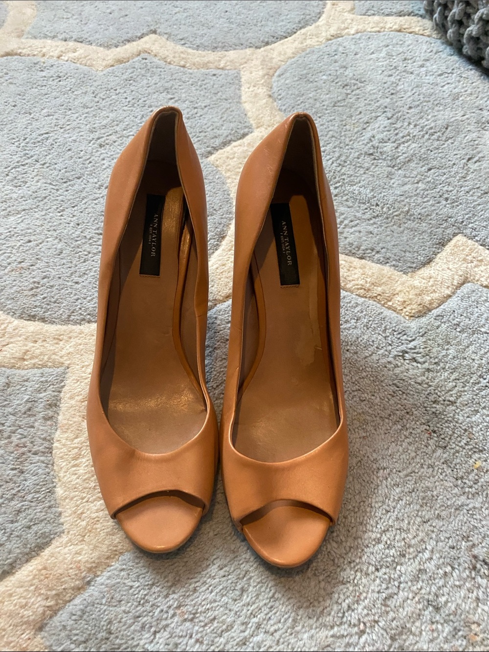Ann Taylor Open-Toe Pumps in Camel Tan Leather